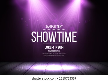 Scene for presentation. Showtime banner illuminated by spotlights. Vector illustration.