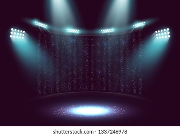 Scene for presentation. Showtime banner illuminated by spotlights. Vector illustration.