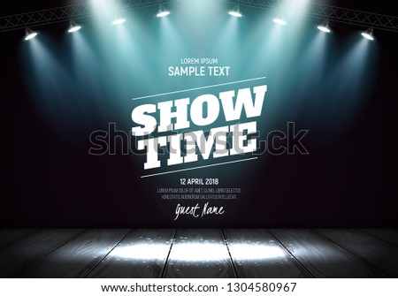 Scene for presentation. Showtime banner illuminated by spotlights. Vector illustration.