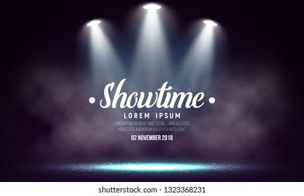 Scene for presentation with smoke illuminated by spotlights. Vector  illustration.