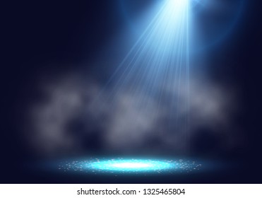 Scene for presentation with smoke illuminated by spotlights. Vector illustration.