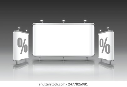 Scene presentations board percent, table white display. Vector illustration