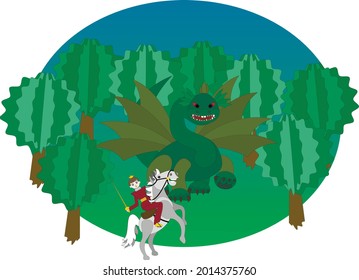 
The scene with the prince and the dragon in the forest illustration