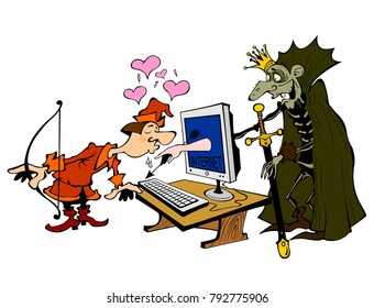 Scene with prince and a monster, metaphor of online dating