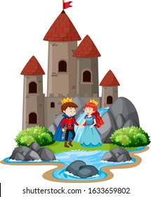 Scene with prince and princess by the big castle towers illustration