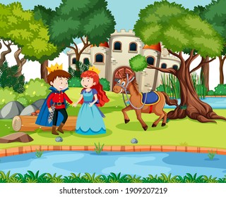 Scene with prince and princess at the castle illustration