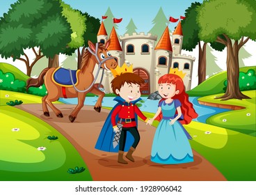 Scene with prince and princess at the castle illustration