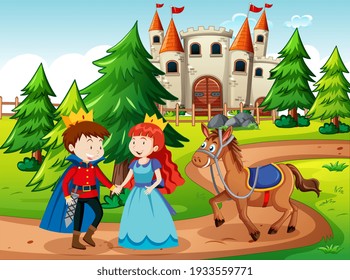 Escena con príncipe y princesa en la ilustración del castillo