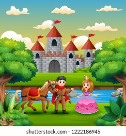 Scene with prince and princess on the edge of the river