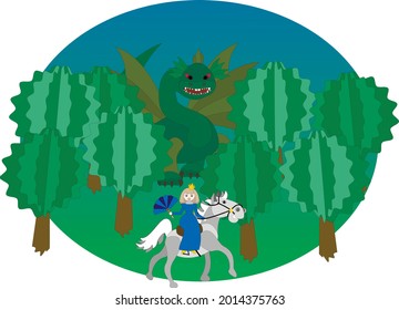 
A scene with a princess and a dragon in the forest illustration