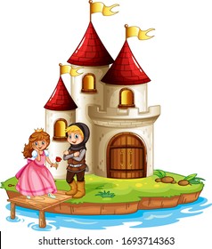 Scene with princess and knight at the castle illustration