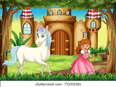 Scene with princess and unicorn illustration