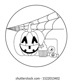 scene of pumpkin with icons halloween vector illustration design
