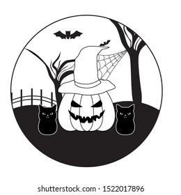scene of pumpkin with icons halloween vector illustration design