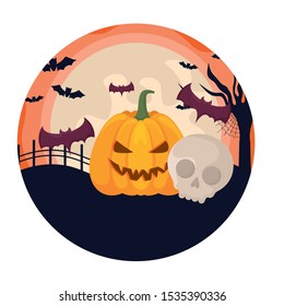 scene of pumpkin with icons halloween vector illustration design