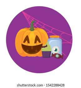 scene of pumpkin with icons halloween vector illustration design