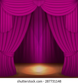 scene with purple curtains, curtain velvet drapes and accent lighting