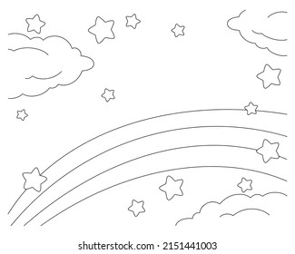 Escena con arco iris, nube y estrellas. Colorando la página del libro para los niños. Caricatura de estilo. Ilustración vectorial aislada en fondo blanco.