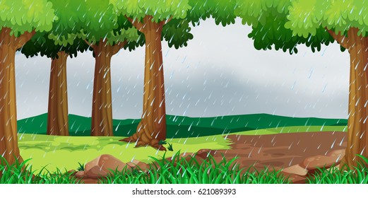 Scene with raining in the park illustration