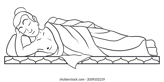 Scene of reclining Buddha over cushion. Version to coloring activities over white background.