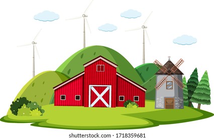 Scene with red barn and windmill on the farm illustration