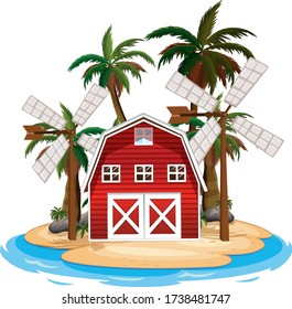 Scene with red barn and windmills on white background illustration
