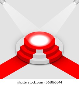 Scene with red carpet, illuminated by spotlights rays. Round pedestal for the awards ceremony. 3D isometric style, vector illustration.
