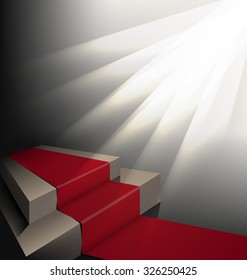 scene with red carpet under spotlights on a dark background