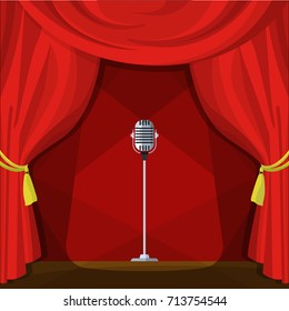 Scene with red curtains and retro microphone. Vector illustration in cartoon style. Concert show entertainment, musical theater event