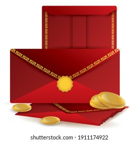 Scene with red envelopes decorated with patterns and golden coins isolated over white background, to celebrate Chinese New Year.