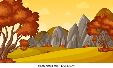 Scene with red leaves on the trees at sunset illustration