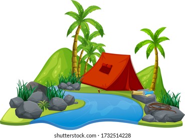 Scene with red tent by the river on white background illustration