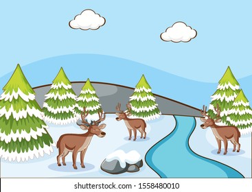 Scene with reindeers on the snow field illustration