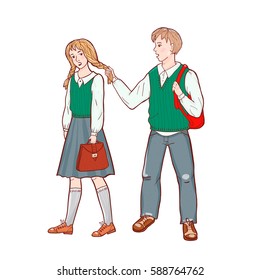 Scene relations students. Boy pulls the girls pigtail. Vector illustration of kids isolated on white background.