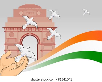 A scene of republic day with flying pigeon in front of India get and National Flag for Republic Day.