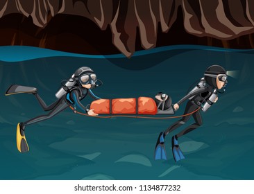 Escena de rescate en ilustración subterránea de una cueva