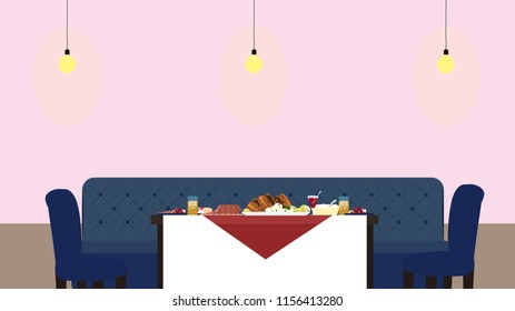 The scene of a restaurant with dishes. cherries, raspberry, ham and more. 