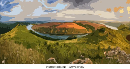 Scene with river and cliff. picturesque canyon. vector graphics on the theme of landscape