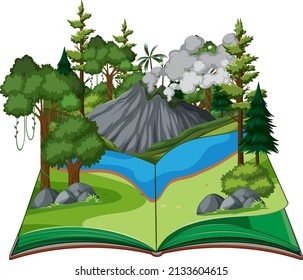 Escena con río en la ilustración del bosque