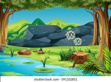 Scene with river in the forest illustration