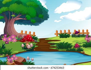 Szene mit Fluss in Gartengrafik