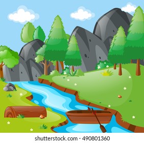 Escena con ilustración de ríos y montañas