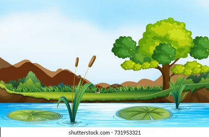 Escena con ilustración de río y parque