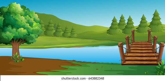 Scene with river and pine trees illustration