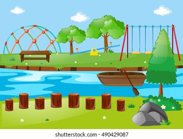 Scene with river and playground illustration