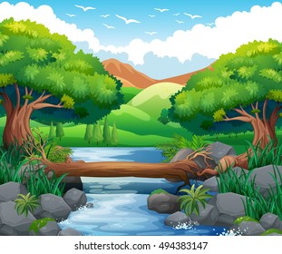 Scene with river through the forest illustration