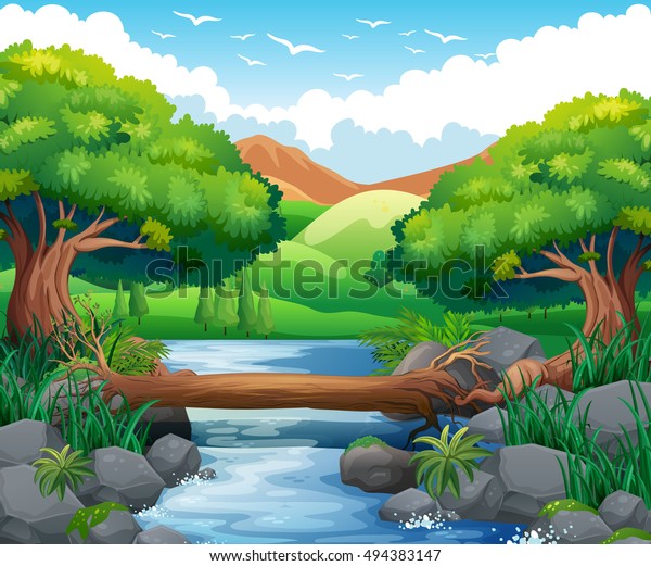 Scene River Through Forest Illustration Stock Vector (Royalty Free ...