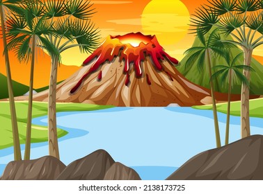 Scene with river and volcano illustration