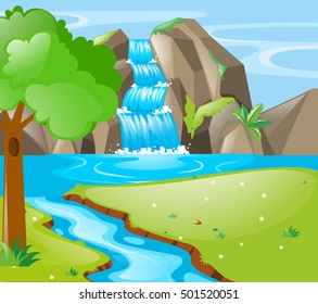 Scene with river and waterfall illustration