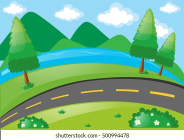 Scene with road along the river illustration